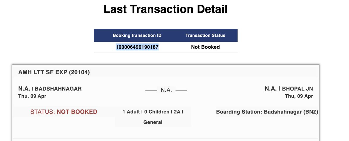 Dear <a href="/IRCTCofficial/">IRCTC</a> 

My ticket has not been booked even though the payment was completed an hour ago. The transaction ID is 100006496190187, and the status still shows “not booked".

Please assist.