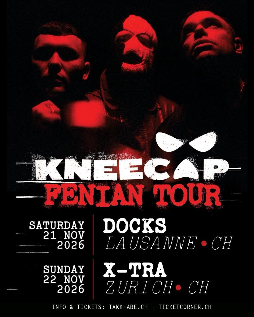 KNEECAPCEOL's tweet photo. Our first ever Swiss headline shows. This November. 🇨🇭 

🔴Pre-sale tomorrow 10am CEST in our WhatsApp channel. 

⚫️General sale Friday 10am CEST. https://t.co/XZaglmJQhs