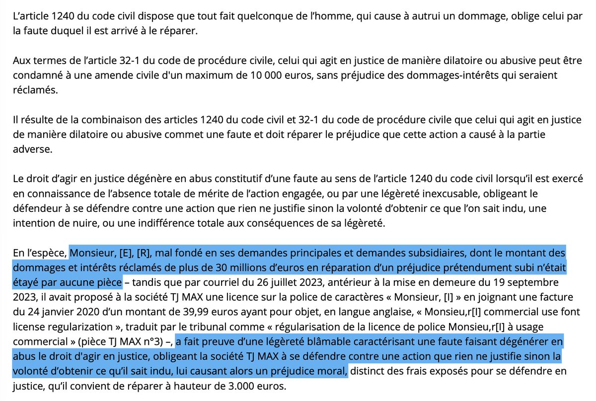 AlexArchambault's tweet photo. Il réclamait plus de 30 millions € à la marque #ProjectXParis pour contrefaçon de sa police de caractères.
Un designer (sèchement) débouté par le TJ Paris (25/03/2026, 24/02354), avec condamnation pour procédure abusive.
Avis aux amateurs. #CopyrightTroll
https://t.co/aD319DFb2n https://t.co/z62KFBj94J