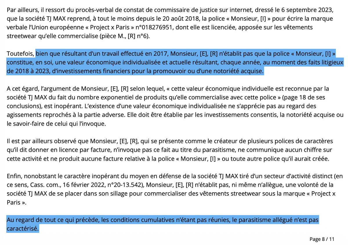 AlexArchambault's tweet photo. Il réclamait plus de 30 millions € à la marque #ProjectXParis pour contrefaçon de sa police de caractères.
Un designer (sèchement) débouté par le TJ Paris (25/03/2026, 24/02354), avec condamnation pour procédure abusive.
Avis aux amateurs. #CopyrightTroll
https://t.co/aD319DFb2n https://t.co/z62KFBj94J