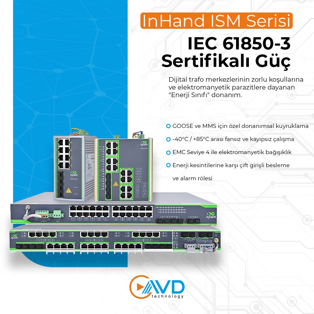 avdcomtr's tweet photo. IEC 61850-3 Sertifikalı Güç: InHand ISM Serisi ⚙️🏢

Dijital trafo merkezleri, standart ticari switch'lerin dayanamayacağı elektromanyetik parazit ve sıcaklık farklarına sahiptir. 

 #EndüstriyelSwitch #IEC61850 #ISMSeries #InHandNetworks #EnerjiDonanımı #AVDTeknoloji https://t.co/LDkBcF3kxq