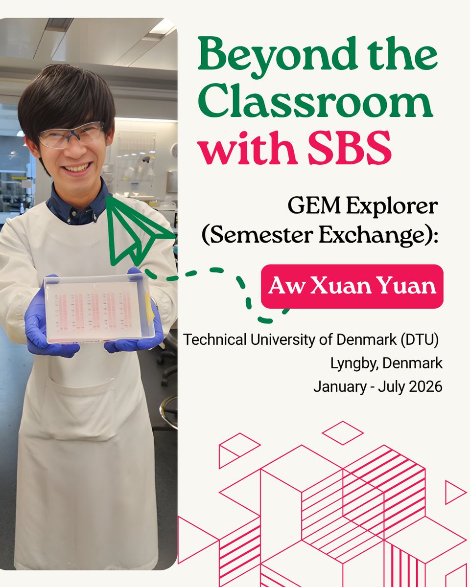 ntusbs's tweet image. Meet Aw Xuan Yuan, a Year 3 Biological Sciences undergraduate on exchange at DTU, balancing lab learning with real-world exploration.

💡 Start early, reach out, and embrace every opportunity beyond the classroom.

#NTUSBS #BeyondTheClassroom #StudentExchange #DTU #SBSGemExplorer