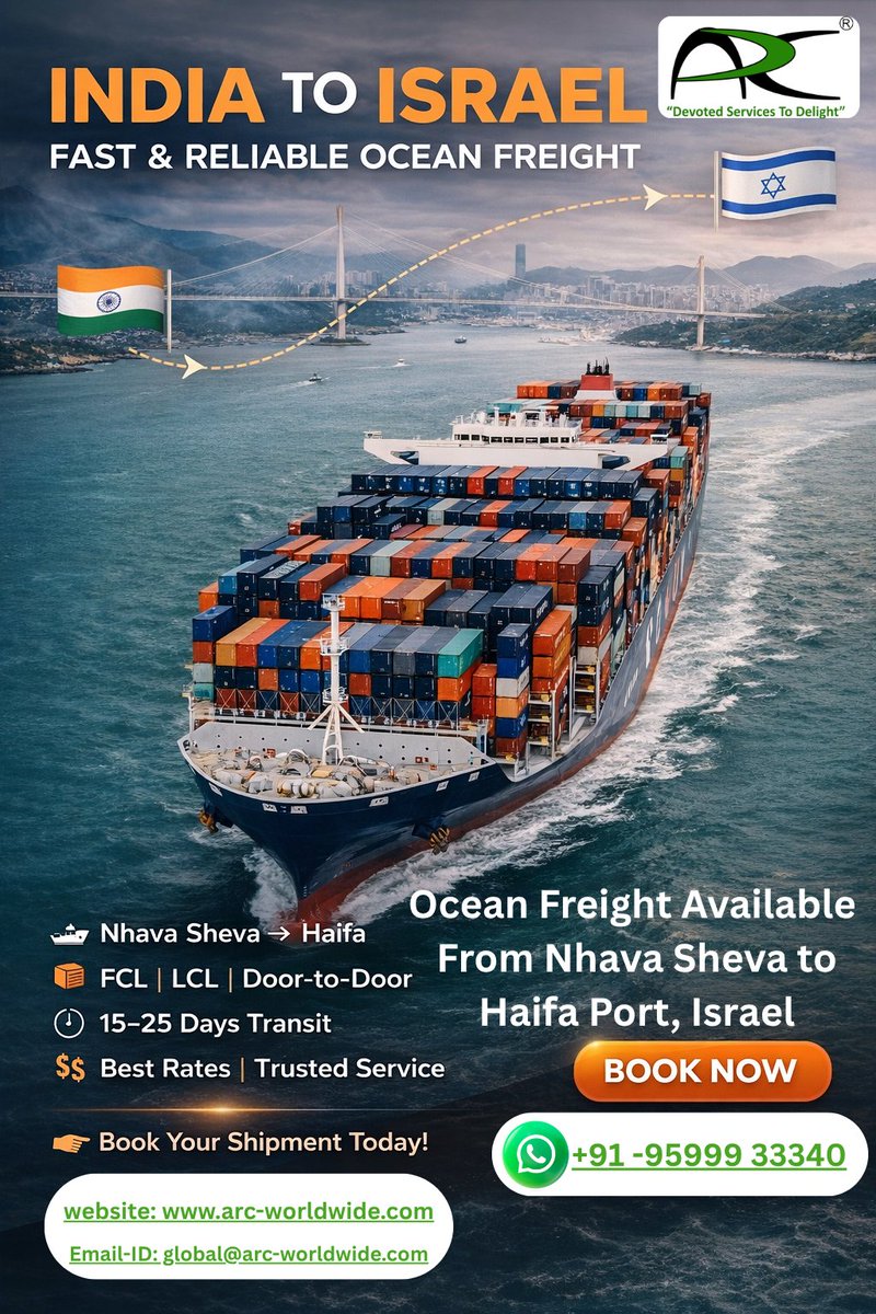 arcworldwideltd's tweet photo. Arc Worldwide offers #ocean #freight services from Nhava Sheva, india to Haifa Port, Israel with reliable and cost-effective shipping solutions.
Call +91-95999 33340 
https://t.co/cn4l9AjZW6
#OceanFreight
#SeaFreight
#SeaCargo
#NhavaShevaToHaifa
#HaifaPort
#IsraelShipping
#India https://t.co/zpeGXsHpQG