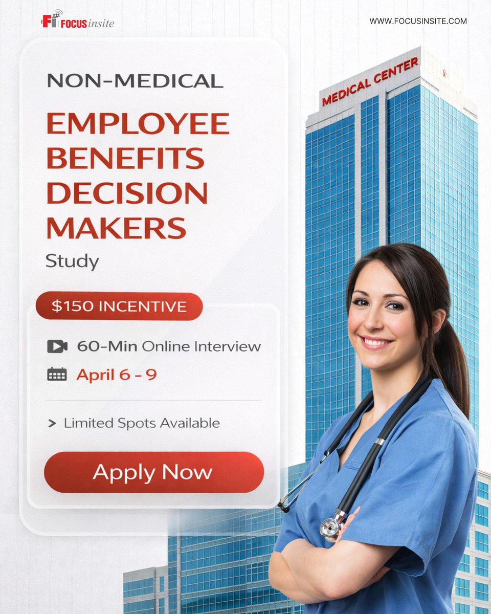 focusinsite's tweet image. Employee Benefits Decision Makers, Earn $150 for 60 minutes 💼

Application link: apply.focusinsite.com/s/26-140-Non-M…

#USA #Focusgroups #MarketResearch