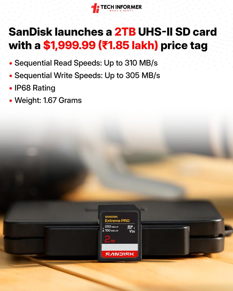 Tech_Informer_'s tweet image. SanDisk introduced a premium 2TB Extreme Pro UHS-II SD card priced at $1,999.99. According to Tom’s Hardware, this is more than four times the price of its 2TB UHS-I version.

#Techinformer #Sandisk #SDCard