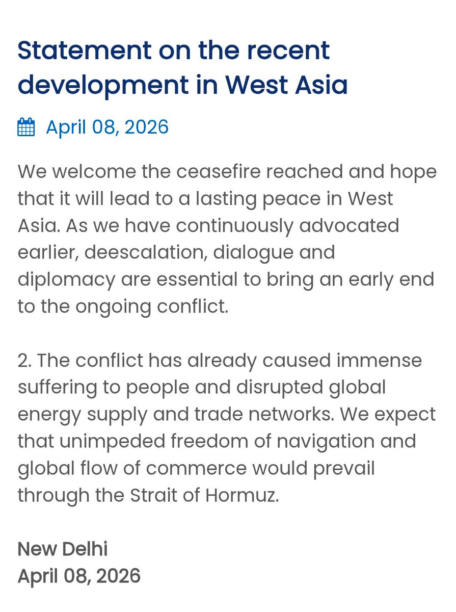 anandkumar_ssm's tweet photo. India has welcomed the  ceasefire between the US and Iran as  it will lead to a lasting peace in West Asia”. https://t.co/sK53UeJ8PN