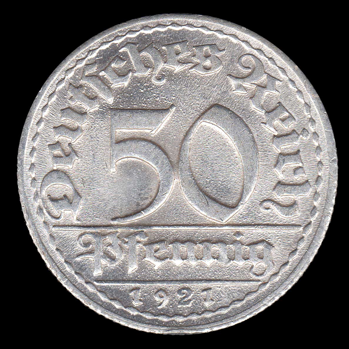 rocketdog632's tweet photo. A 1921 German Weimar 50 Pfennig coin minted in Munich. There are metal flow lines on this coin otherwise is in well preserved state. #Germany #Coins #inflation https://t.co/ImxhXU5QUN