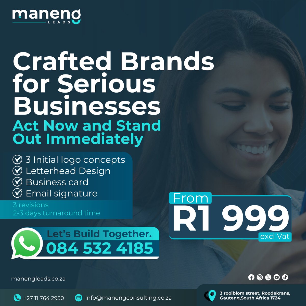 ManengLeads's tweet photo. Call: +27 11 764 2950
WhatsApp: +27 84 532 4185
Email: info@manengleads.co.za
Visit our website: https://t.co/Y5fyrJ3OkL
#manengleads #logo #letterhead #businesscard #startup #business #graphicdesign
#ManengLeads #BrandGrowth #ProfessionalExcellence #SMMA #BusinessMarketing https://t.co/N8Zv6U9pHb