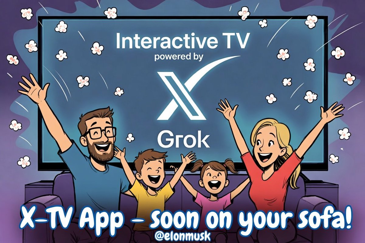 9zHOoyWhrvSGFxA's tweet image. 2/2 

X Smart TV App: Personalized verified news + Grok Originals.

Absolute highlight: Interactive TV powered by Grok!

“What if the hero chooses differently?” → live alt endings on your sofa! 🚀

Living room = cinema of the future!

Who wants this? #XTV #Grok #InteractiveTV