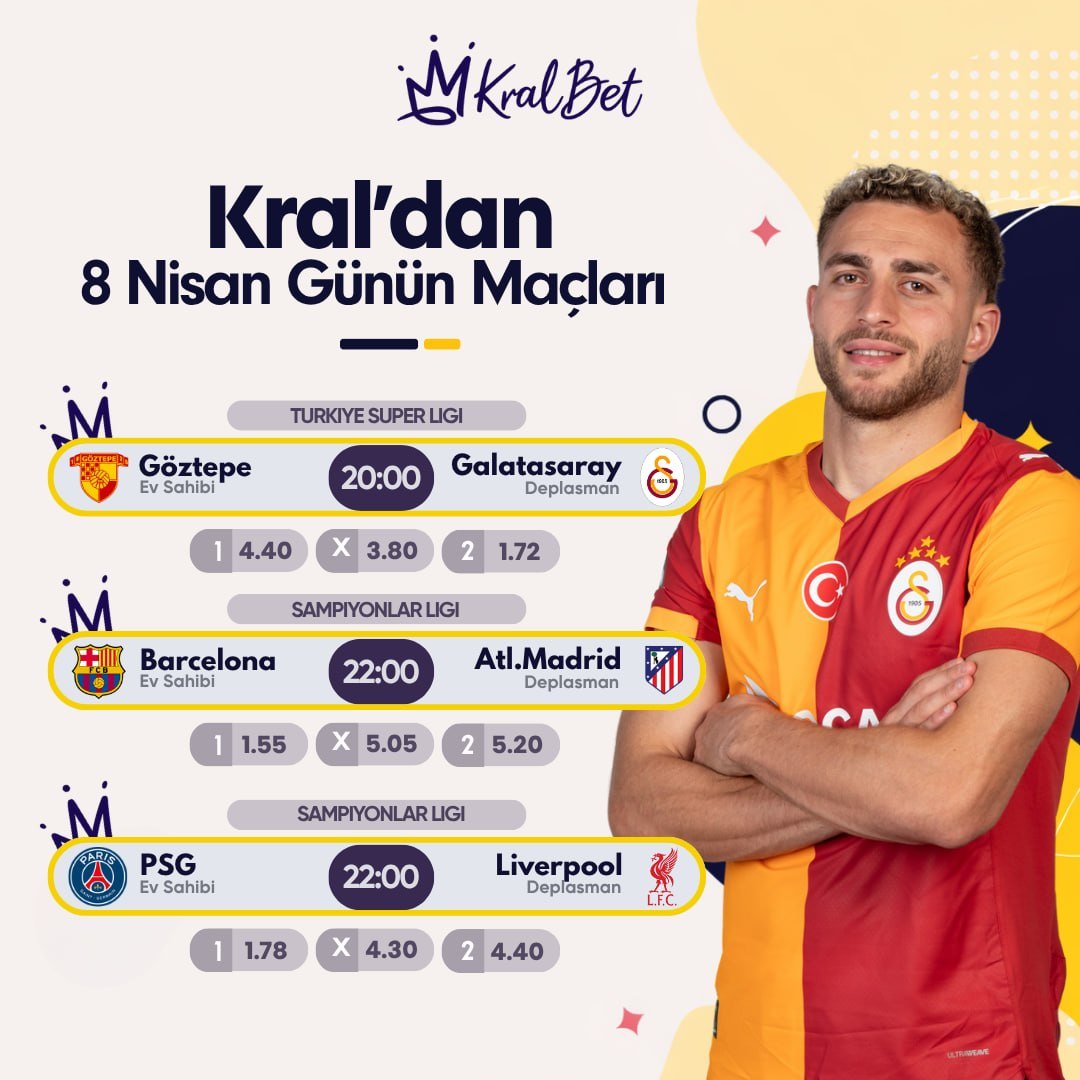 Kralbet_Turkey_'s tweet image. 👑 Günün Kral Maçları  👑

⚽️ 20:00 | Göztepe - Galatasaray
⚽️ 22:00 | Barcelona - Atl.Madrid
⚽️ 22:00 | PSG - Liverpool

🏆 Günün favori maçları, geniş bahis seçenekleri ve en kral oranlarla #KralBet’te! 👑

✅ En kral oranlarla krallar gibi kazan!

#GÖZvGS