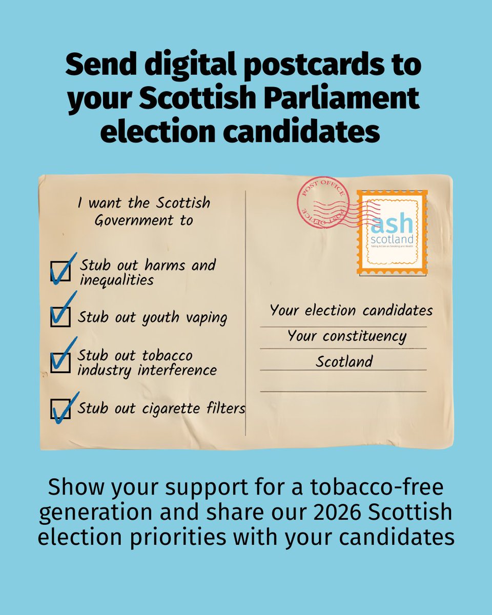ASHScotland's tweet photo. Send a digital postcard to your Scottish Parliament election candidates.

Do you support ASH Scotland's call for a tobacco-free future in Scotland? 

Let your election candidates know by sending them a message with your priorities.

📨 Click here to post - https://t.co/rdBWBD6FE7 https://t.co/VUE2RH8t6v