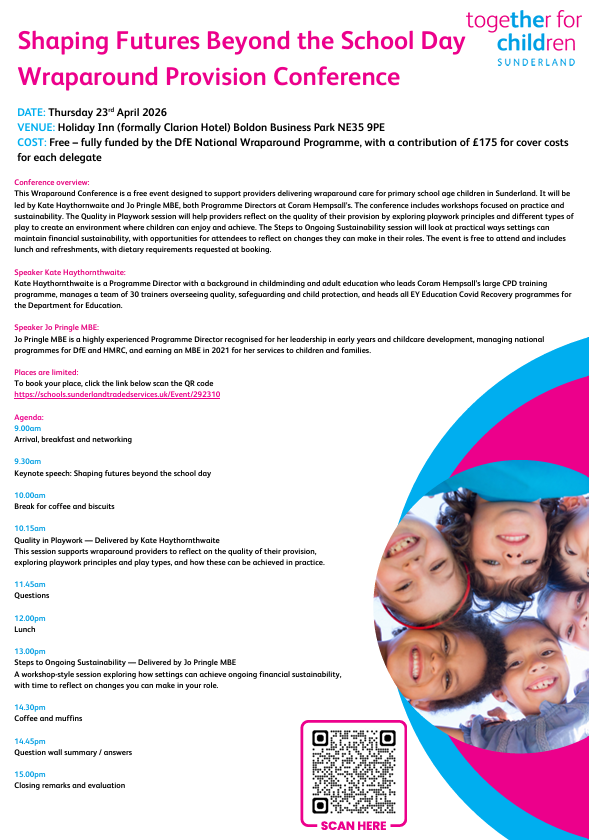 TfCSIS's tweet photo. Free wraparound provision conference for primary schools!!!
📅 Thurs 23 April 2026, 9am–3pm
✅DfE funded (+£175 cover per delegate). 
👩🏼‍🏫Keynote + 2 workshops on play-work &amp; sustainability, plus networking, breakfast &amp; lunch.
👇🏼Limited places—book now
https://t.co/JnO4O4akfs https://t.co/LulIThBh4I