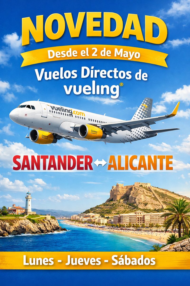 AParayas's tweet image. ✈️🆕️ RECUERDA 👇

Desde el próximo 2️⃣ de Mayo la compañía @vueling va a operar vuelos directos entre el Seve Ballesteros #Santander y #Alicante #Elche Miguel Hernández 

Lunes - Jueves - Sábados
