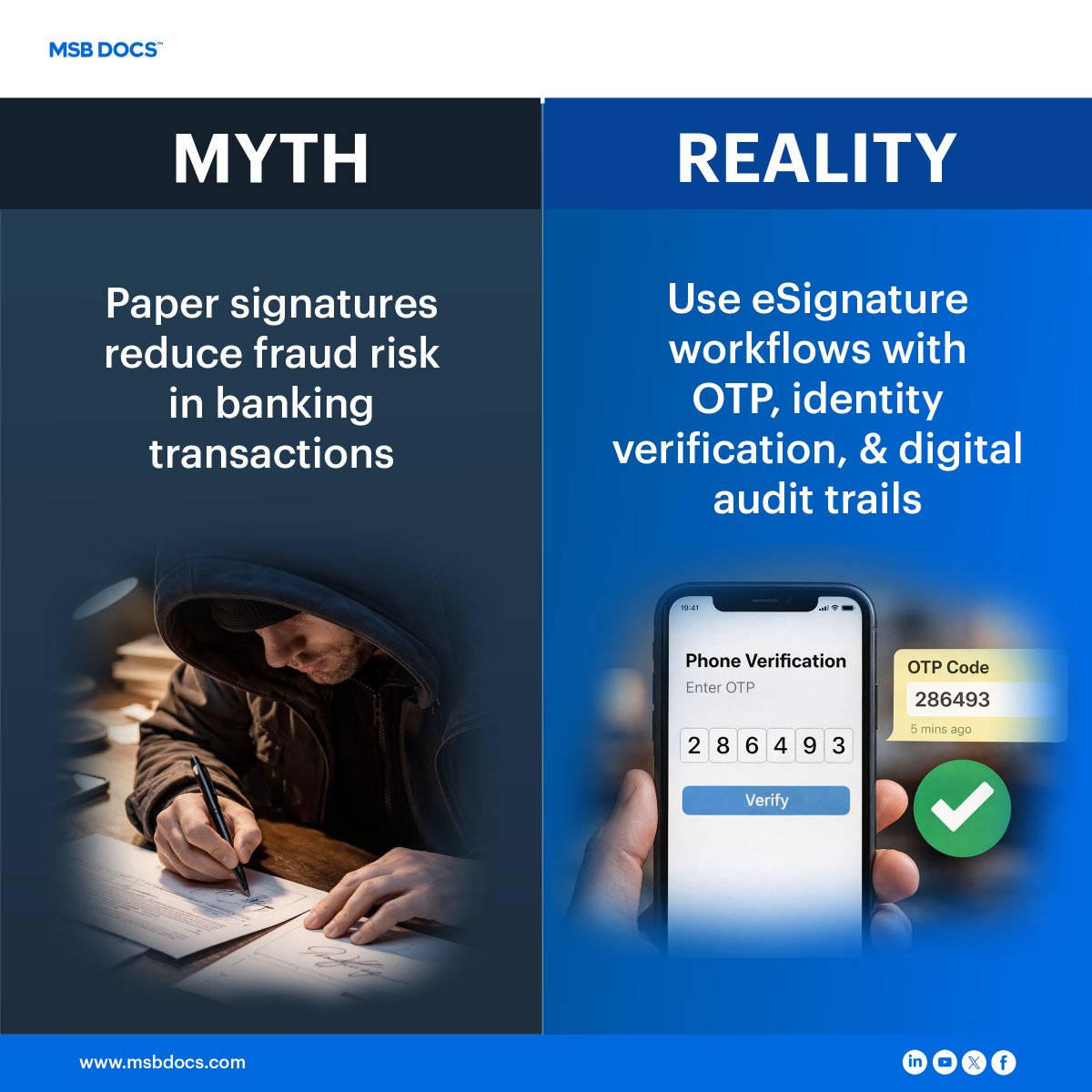 msbdocs's tweet photo. Fraud risk in #banking rises when document workflows lack verification and traceability.
#eSignature enables secure collaboration with identity checks and audit trails—reducing operational and fraud risk.

https://t.co/G9hXXHKwPb

#BFSI #FraudPrevention #Fintech #MSBDocs https://t.co/ZqSGrDrSKW