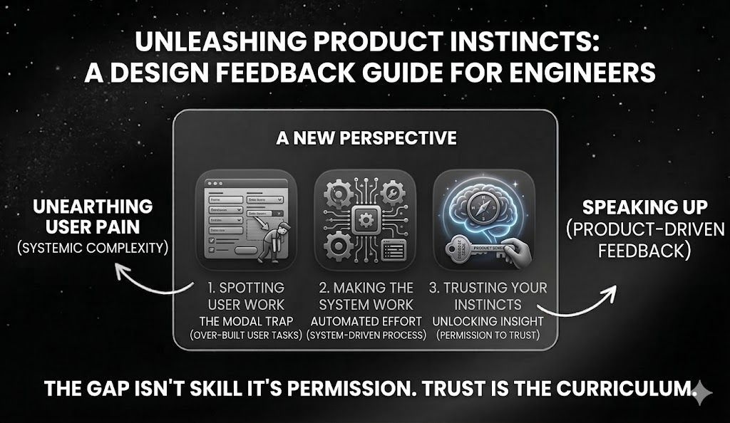DHEERAJVADE's tweet photo. A senior engineer joined a design review once. First 20 minutes he said nothing. Then: "this modal makes the user do the work the system should do."

Best design feedback in the room. He just needed permission to trust his product instincts. https://t.co/a4l4LDlmoI