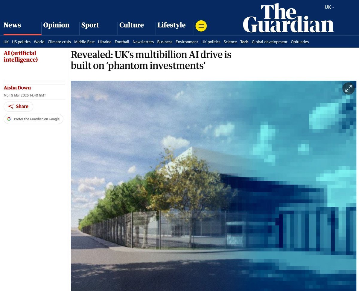 IIPP_UCL's tweet image. 💸 UK’s multibillion AI push may rest on “phantom investments”, warns IIPP Head of Research @CeciliaRikap in a new @guardian investigation. #BigTech can inflate data centre jobs and economic impact to please governments eager to show growth.

🔗 Read more: buff.ly/gfyQHBO