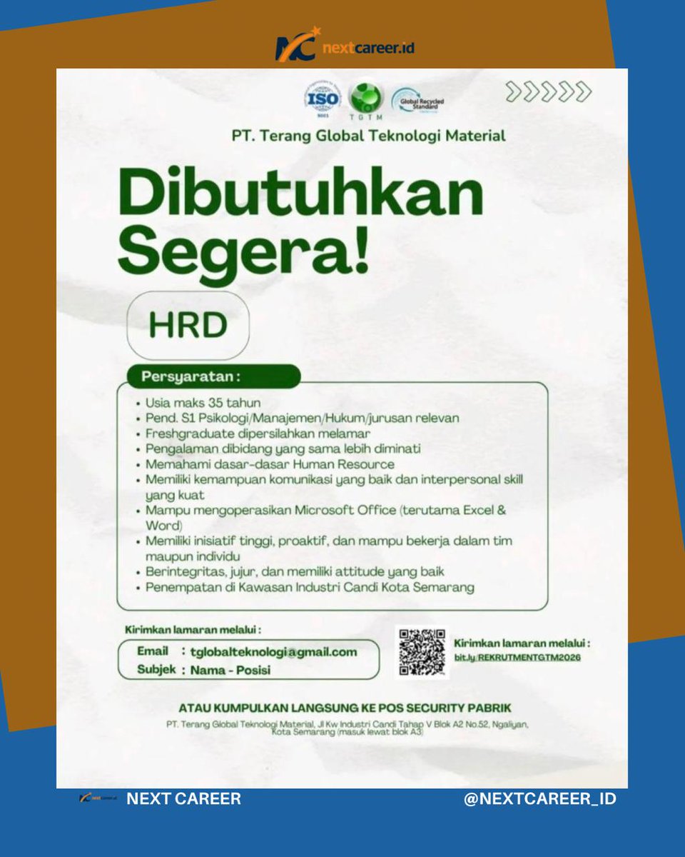 nextcareer_id's tweet image. 🚨 Dibutuhkan HRD – Semarang

Fresh graduate welcome!
📩 Apply:
tglobalteknologi@gmail.com

#LowonganKerja #HRD #LokerSemarang #FreshGraduate #HiringNow