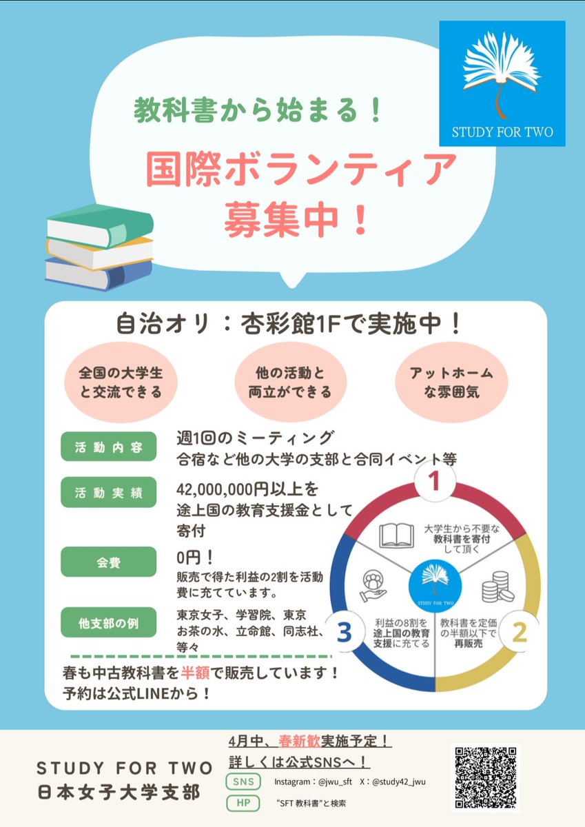 jwu_sft_2024's tweet photo. 🌸自治オリのお知らせ🌸

4/8(木)10:00~16:00(明日)
自治活動オリエンテーションに
参加をします！

杏彩館1Fで説明を行う予定です！
「ボランティアに興味がある！」「少しでも話を聞いてみたい！」という方は、ぜひお越しください🍀
#春から本女
#本女生
#jwu
#SFT
#サークル
#ボランティア https://t.co/nupsLVQWdw
