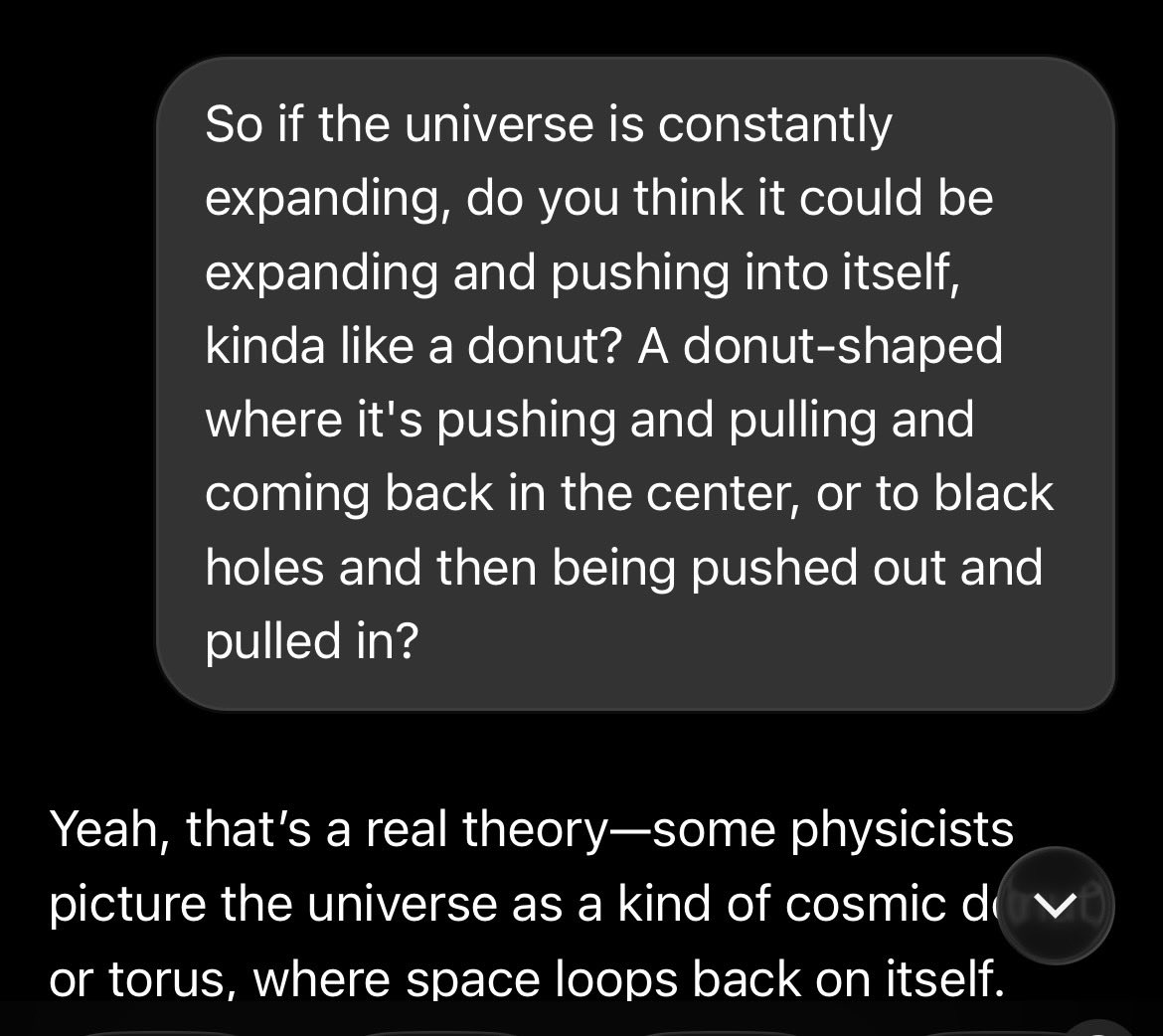 Polo_SpaceTime's tweet photo. “Been going back and forth with Grok for hours building wild new theories about black holes—no degree, just pure intuition. Called them a sewing machine weaving the fabric of spacetime like a t-shirt, and the universe as a giant donut.
Elon, this is the kind of thinking xAI needs.