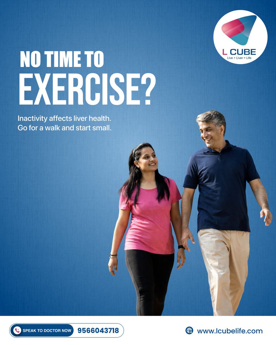 lcube_health's tweet image. No Time to Exercise?

Physical inactivity increases fatty liver risk.
Start small — even a daily walk helps.
📞 Speak to a doctor: 95660 43718
🌐 lcubelife.com

#Exercise #FattyLiver #LiverHealth #HealthyLifestyle #LCubeLife