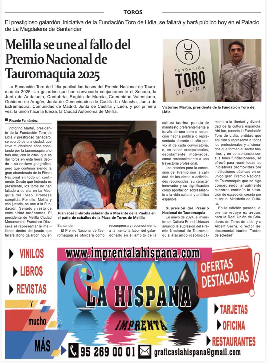 Melilla se une al premio Nacional de Tauromaquia ⁦2025 <a href="/ftorodelidia/">Fundación Toro Lidia</a>⁩ ⁦<a href="/MELILLA_HOY/">PERIÓDICO MELILLA HOY</a>⁩