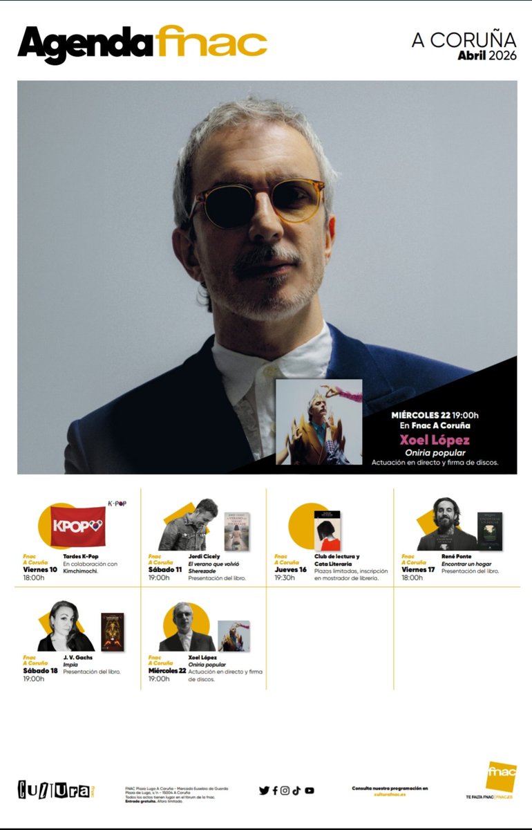 Siempre es un honor aparecer en la misma página que Xoel López.
Esto ocurre en la agenda de <a href="/Fnac_Libros/">Fnac Libros</a> Coruña para anunciar la presentación de mi novela "El verano que volvió Sherezade" este próximo sábado 11 de abril.
#escritor #coruña #toc