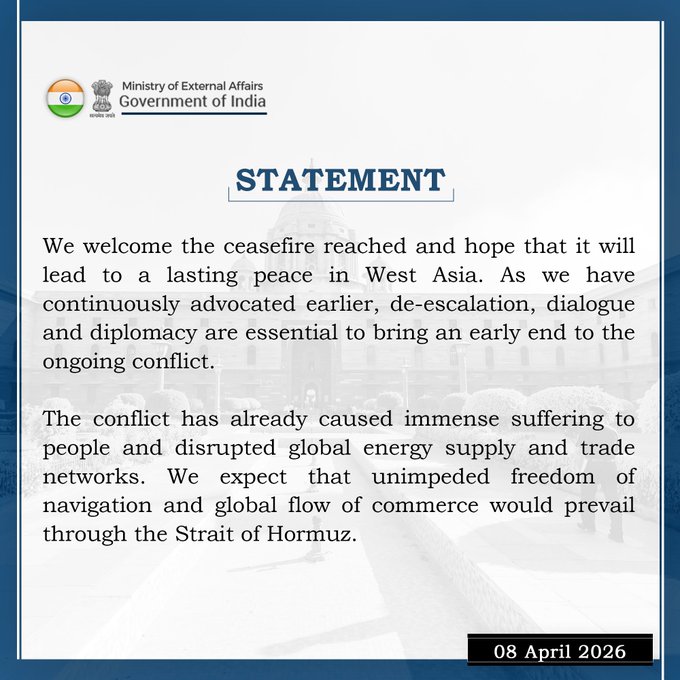 India welcomes the ceasefire reached and hope that it will lead to a lasting peace in West Asia.