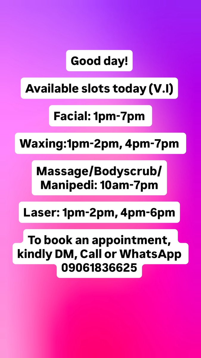 Good day!

Available slots today Wednesday, 08/04/2026
To book an appointment, kindly DM or  WhatsApp:

Ikoyi branch: wa.me//+2349013134945
V.I branch: wa.me//+2349061836625