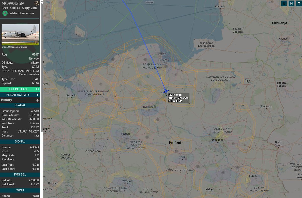 PolishMilRadar's tweet photo. 📅 08.04 🕘 10:43LT - 🇳🇴✈️ Norweski C-130J Super Hercules nad Polską 🇵🇱
🇳🇴 Królewskie Norweskie Siły Powietrzne
✈️ Lockheed Martin C-130J Super Hercules | Reg: "5607"
🛫 Port Lotniczy Oslo Gardermoen #ENGM | Norwegia 🇳🇴
🛬 Nieznane
#NOW335P leci na FL270 w kierunku południowo wschodnim
🔗 https://t.co/o1vRzxDepK
#POLMILRADAR