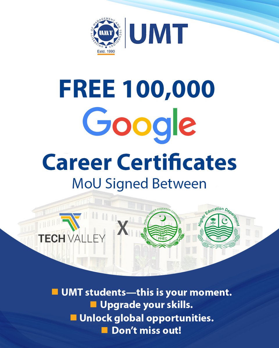 UMTOfficial's tweet image. UMT Students, this is your #opportunity to level up!  FREE 100,000 #Google Career Certificates available through our new partnership with Tech Valley &amp;amp; PHEC.  -Upgrade your #skills-Unlock global opportunities -Don’t miss out!  
𝐑𝐞𝐠𝐢𝐬𝐭𝐞𝐫 𝐡𝐞𝐫𝐞: techvalley.pk/google-career-…