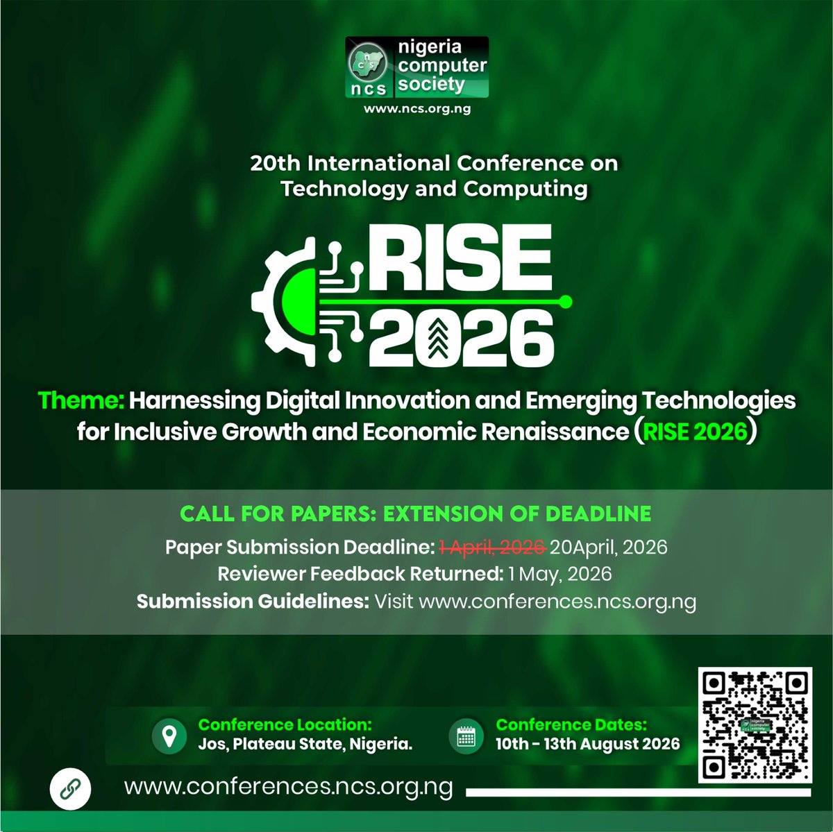 NigeriaComputer's tweet image. #RISE2026 Call for Papers deadline has been extended to April 20.

Another chance to share your work:
conferences.ncs.org.ng/call-for-paper…

#CallForPapers #TechConference