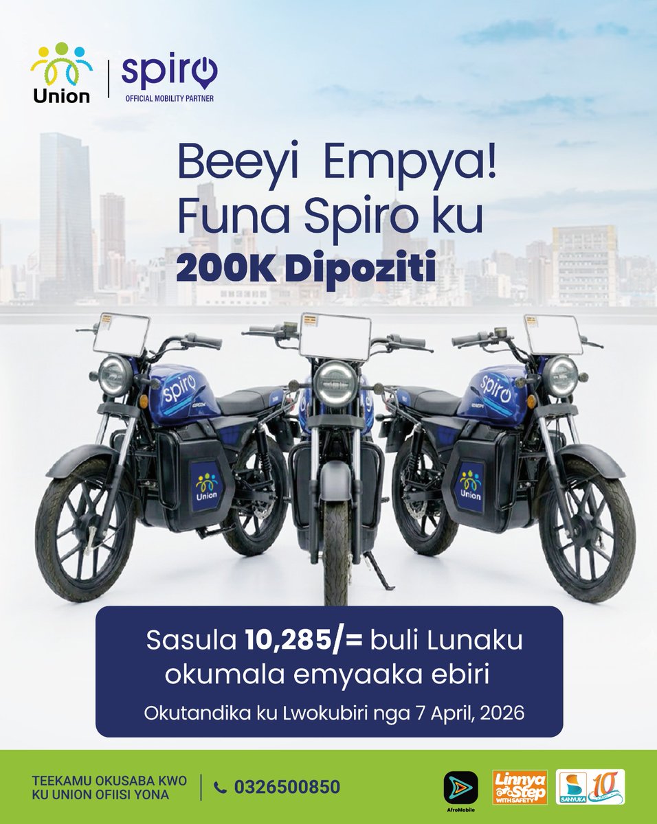 sanyukatv's tweet photo. What if your next bike only needed 200K to get started?
Spiro is making it possible.
Flexible daily payments. Reliable rides. Real income potential.
@UnionAppUg
#Zuukuka #UnionNSSFSmartLife #UnionLetsGo #LinnyaStep https://t.co/pWFZdYknZy