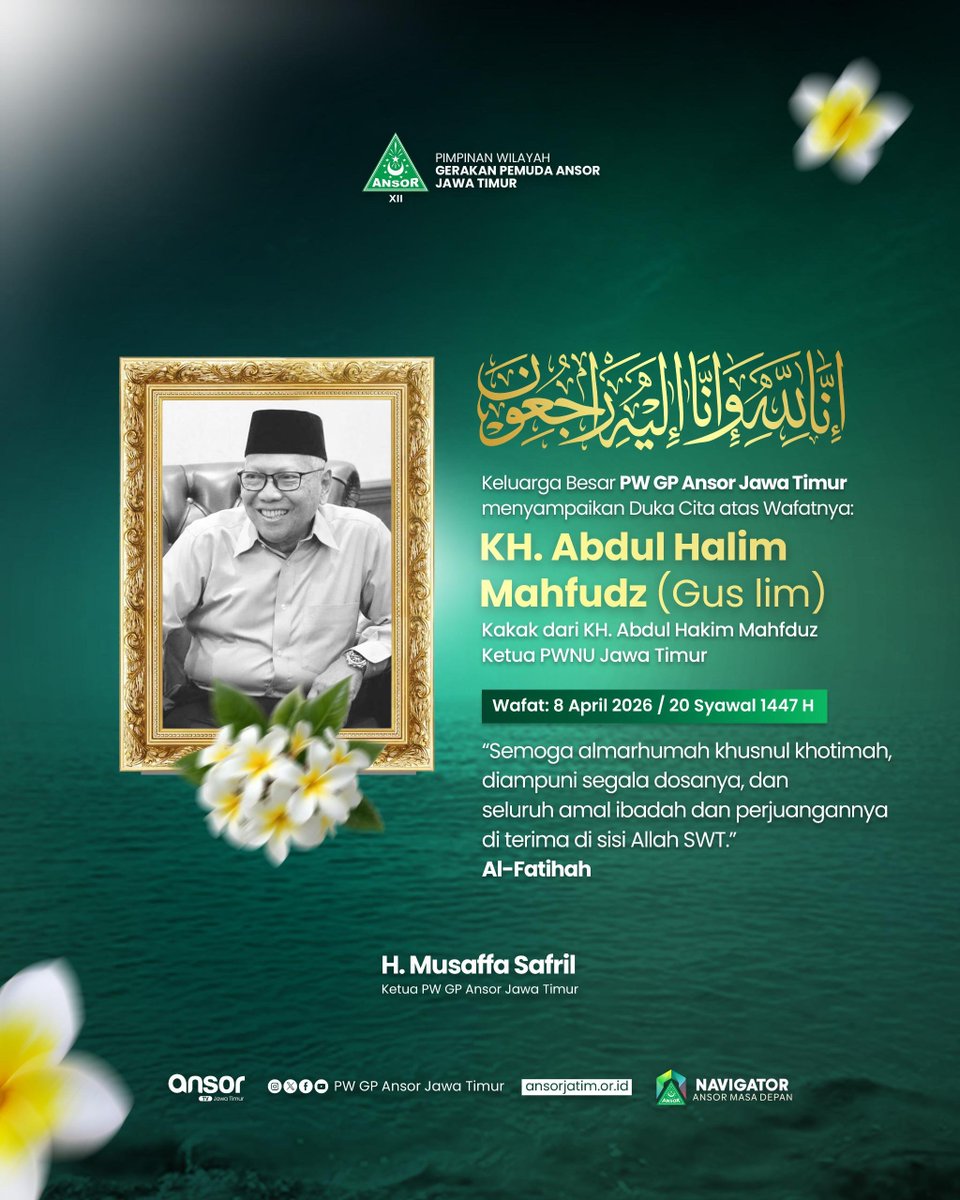 pwansorjatim's tweet photo. Innalillahi Wa Inna Ilaihi Raji'un 

Turut Berdukacita yang mendalam atas wafatnya KH. Abdul Halim Mahfudz (Gus Iim) Kakak dari KH. Abdul Hakim Mahfudz, Ketua PW NU Jawa Timur 

Semoga Beliau Husnul Khotimah, Al Faatihah🤲 https://t.co/js78uqIl4F