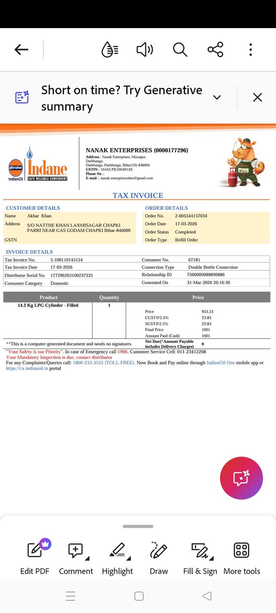 AkbarK45170's tweet photo. @IOCL_BIHAR @IndianOilcl Hello sir mera nam akbar khan hai maine 17 march ko book Kiya tha or mujhe cylinder nahi mila or jab mera beta check Kiya to mera cylinder 26 march ko delivered dikha raha hai magar mujhe ye cylinder mila hi nahi   mera gas godam Nanak inter prises hai mai aapko Tax invoice send https://t.co/8U4ZoO5nNu