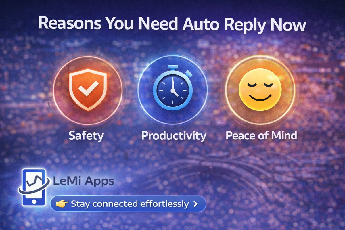 LeMiApps's tweet photo. Why use auto reply?

✔ Stay safe while driving
 ✔ Save time &amp; boost productivity
 ✔ Enjoy peace of mind

LeMi Apps auto reply &amp; SMS automation keep you connected—without being constantly available.

Stay connected effortlessly.
👉 https://t.co/Mz0iwQlCYm https://t.co/XkrxtsNcWx