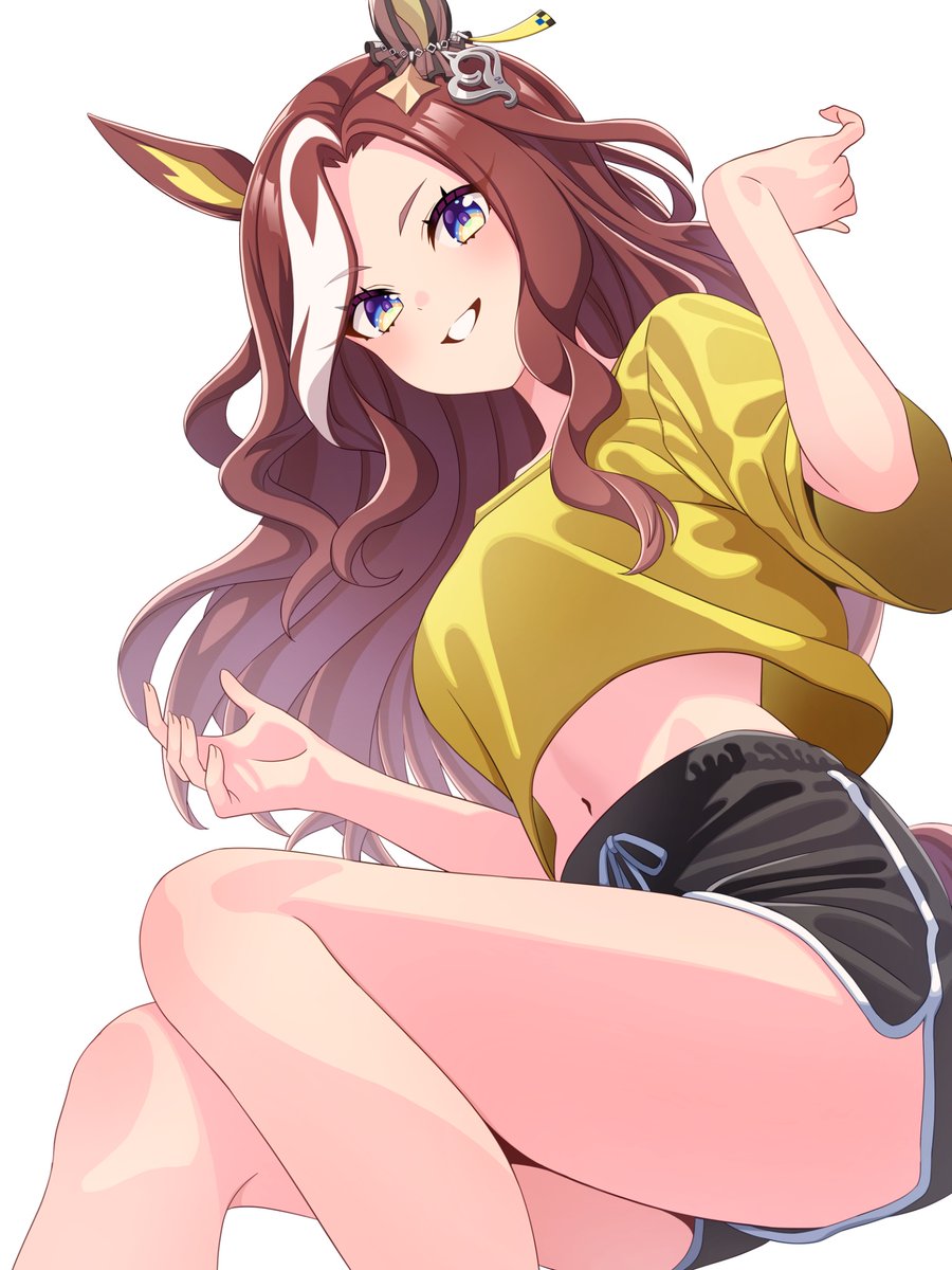 kashiyuki_yuki's tweet photo. #ウマ娘 
デアリングハートが半袖Tシャツにドルフィンパンツを履いているイラストを描きました！

デアリングハートにはへそ出し似合いすぎるし、なによりこういう格好で部屋で大胆に居座っていて欲しい！！ https://t.co/lQm5XGO5xF