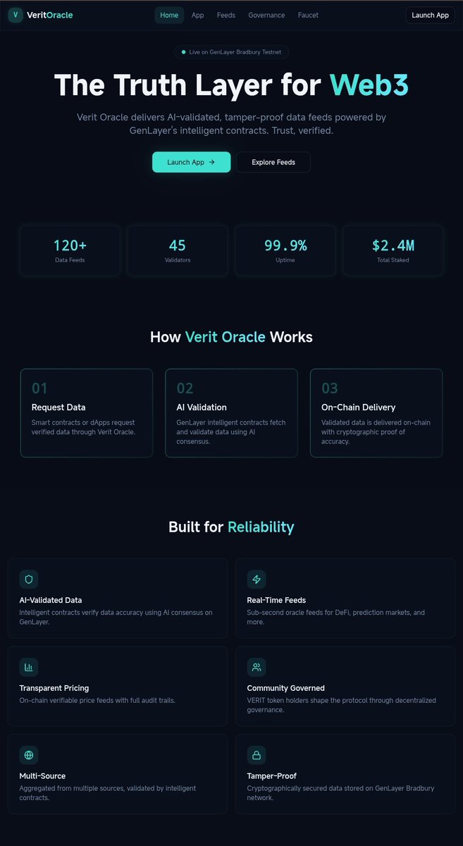 Cutebabyuc's tweet photo. Smart contracts can't understand context. AI can. VeritOracle bridges the gap. 

🧵

Meet VeritOracle - a next-gen AI oracle built on @GenLayer that transforms probabilistic AI outputs into deterministic, on-chain decisions - fast, tamper-resistant and verifiable. https://t.co/FSKe4n1cjl