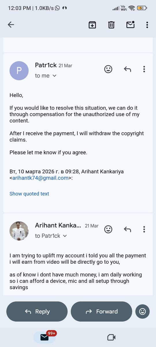 Apjain074's tweet photo. @TeamYouTube  Copyright strike on Arihant Gaming by "Aqua_mia"(Patrick/AbyssTyranny). He demanded $79 via email/Telegram.To remove : "After payment, I'll withdraw." EXTORTION! Proof attached. Please review Channel URl : https://t.co/UrQh3G62wa #CopyrightAbuse https://t.co/iuzr44JkAo
