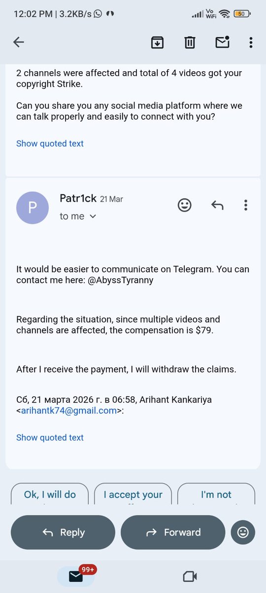 Apjain074's tweet photo. @TeamYouTube  Copyright strike on Arihant Gaming by "Aqua_mia"(Patrick/AbyssTyranny). He demanded $79 via email/Telegram.To remove : "After payment, I'll withdraw." EXTORTION! Proof attached. Please review Channel URl : https://t.co/UrQh3G62wa #CopyrightAbuse https://t.co/iuzr44JkAo