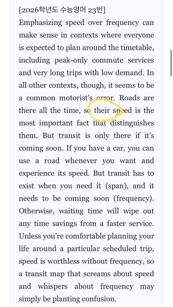 luol0119's tweet image. 궁금한게 있습니다
26년 수능 23번에서 도로에 속도가 있다는 말이 이해가 안되는데 their를 motorist를 받는 singular they로 보면 안되나요?