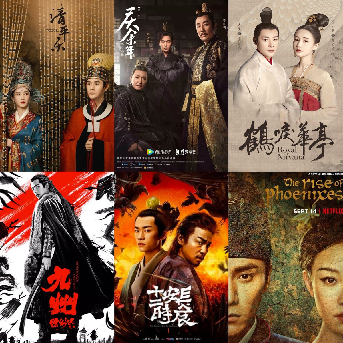 myyangzi's tweet photo. Costume cdramas that you have to watch at least once (Magnolia 25th-27th edition) 
1. #Serenadeofpeacefuljoy 
2. #JoyofLife
3. #RoyalNirvana 
4. #NovolandEagleFlag 
5. #TheLongestdayinChangan 
6. #TheriseofPhoenix https://t.co/i25kNb2goW