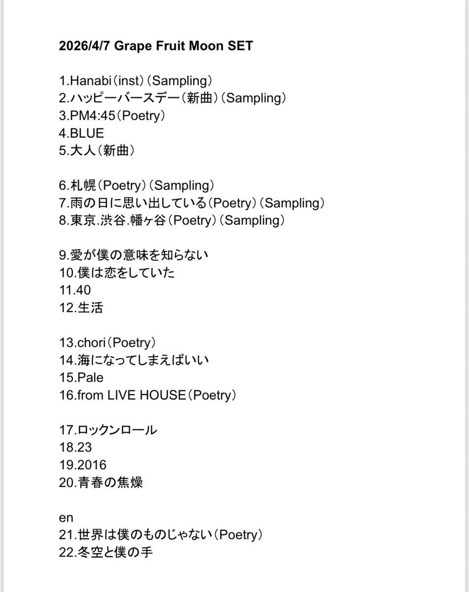 昨夜のセットリスト、お店に提出した画像と一緒だけど載せてみます
