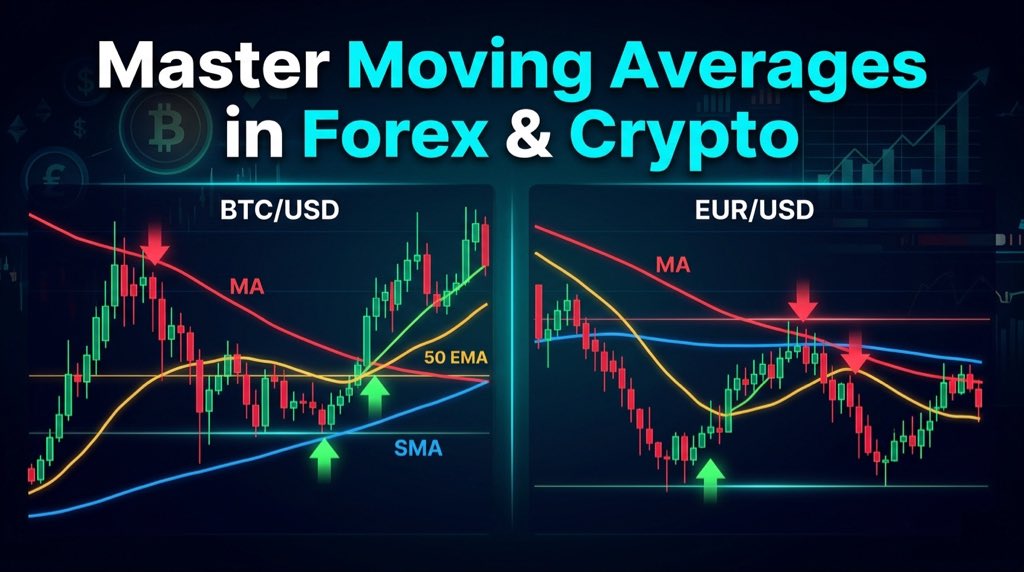 Gims_Dev's tweet photo. 🧵 Forex & Crypto Trading: Master the Moving Average Indicator (The Most Popular Tool)

If you’re trading Forex or Crypto and not using Moving Averages (MA), you’re leaving money on the table.

It’s one of the simplest yet most powerful indicators for spotting trends, support/resistance, and buy/sell zones.

Let’s break it down step-by-step so you can actually use it.