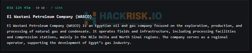 H4ckmanac's tweet image. 🚨Cyber Alert ‼️

🇪🇬Egypt - 𝗘𝗹 𝗪𝗮𝘀𝘁𝗮𝗻𝗶 𝗣𝗲𝘁𝗿𝗼𝗹𝗲𝘂𝗺 𝗖𝗼𝗺𝗽𝗮𝗻𝘆 (𝗪𝗔𝗦𝗖𝗢)

Payload hacking group claims to have breached El Wastani Petroleum Company (WASCO).

Threat actor: Payload
Sector: Energy / Utilities
Data exposure (claimed): 50 GB
Data type: Not