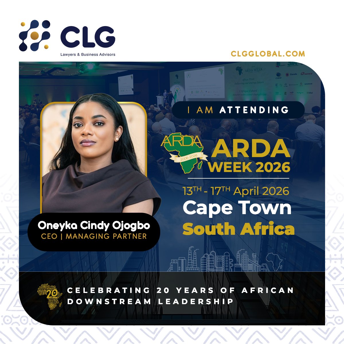 CLG_Global's tweet photo. Meet our team at ARDA Week in from April 13–17! Connect with our CEO Oneyka Cindy Ojogbo &amp; Legal Intern Adam Ayuk to discuss Africa’s downstream sector &amp; strategic energy opportunities.

Schedule a meeting: siyamthanda.nofemela@clgglobal.com | nonkululeko.makhathini@clgglobal.com https://t.co/7oFVWaIOwY