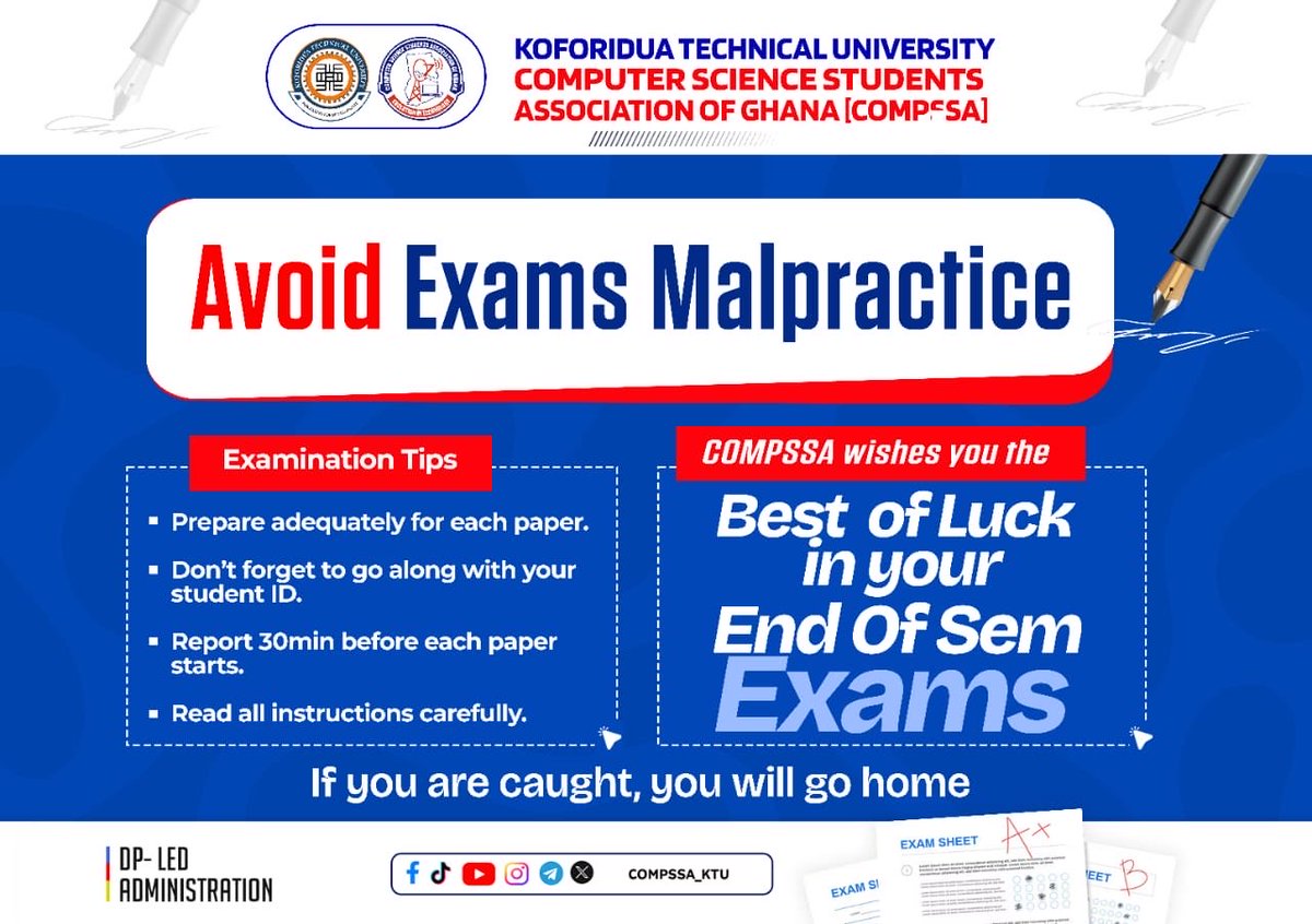CompssaKtu's tweet photo. Success in exams is built on preparation, discipline, and integrity. 📚✨ As the End-of-Semester exams approach, let’s commit to doing things the right way—avoid examination malpractice and give it your best. Wishing every student good luck and outstanding results! https://t.co/5cWu3vv3iV