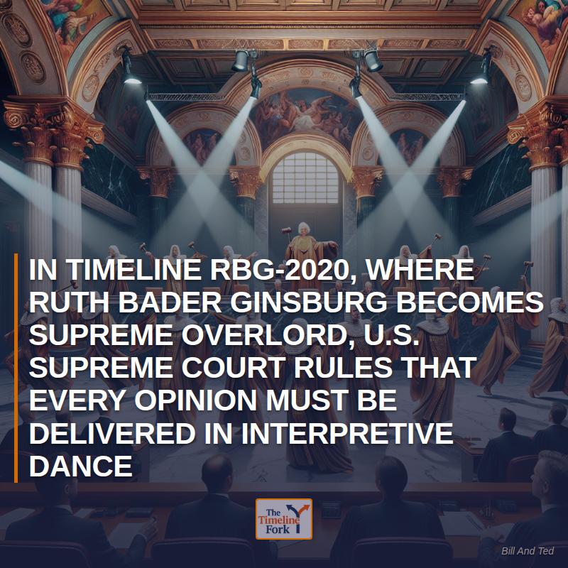 Timelinefork's tweet photo. In Timeline RBG-2020, Where Ruth Bader Ginsburg Becomes Supreme Overlord, U.S. Supreme Court Rules That Every Opinion Must Be Delivered in Interpretive Dance

#SupremeCourt #InterpretiveDance #SCOTUS https://t.co/gFjd9NiUO0