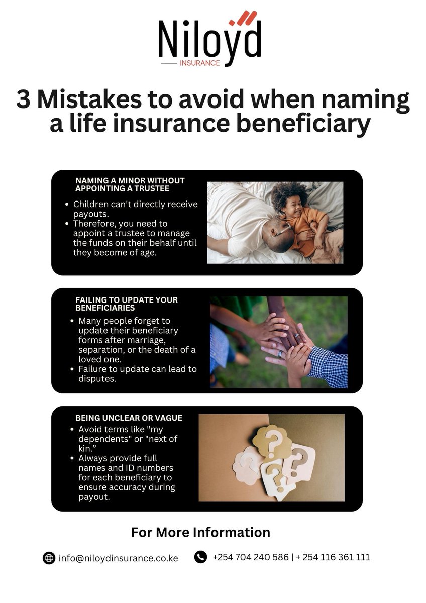 NiloydInsurance's tweet image. Avoid these 3 mistakes when naming your life insurance beneficiary.
#Lifeinsurance #Hürmüz #Insurancesolutions #Kenya