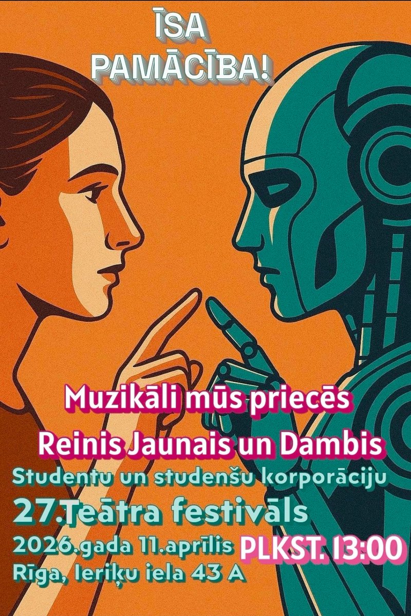skselga's tweet photo. Studentu un studenšu korporāciju 27. Teātra festivāls!
➡️ 11. aprīlī pl. 13.00 
➡️ NVO namā, Ieriķu 43A, Rīgā
➡️ rīko s!k! Varavīksne

Mēs piedalīsimies izrādē kopā ar @FVanenica 😊 https://t.co/CpHHaxsjNX