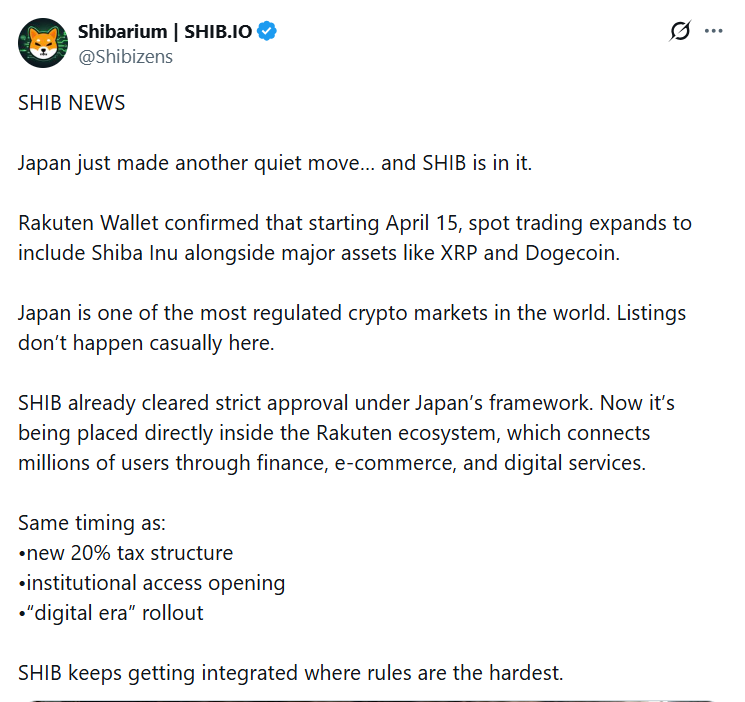 thecryptobasic's tweet photo. #ShibaInu: Japan’s Rakuten Wallet Lists $SHIB for Spot Trading.

The platform will enable spot trading for SHIB starting April 15.

SHIB will be listed alongside XRP, Toncoin, Dogecoin, and Stellar later this month.

SHIB previously achieved regulatory recognition when the Japan Virtual and Crypto Assets Exchange Association added the token to Japan’s Green List.